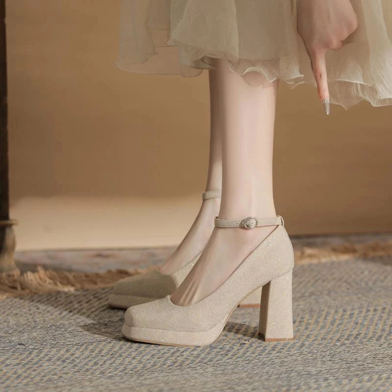 玛丽珍防水台超高跟鞋女春秋粗跟新娘婚鞋禾秀婚纱两穿不累脚单鞋