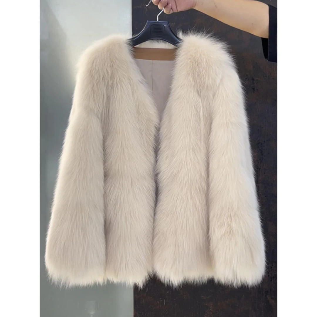 潇湘中长V领简约高端彷狐皮草女式外套2024冬季海宁皮草外套