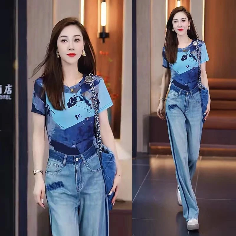 时尚套装女2025夏季新款洋气撞色T恤上衣+百搭牛仔阔腿裤两件套潮