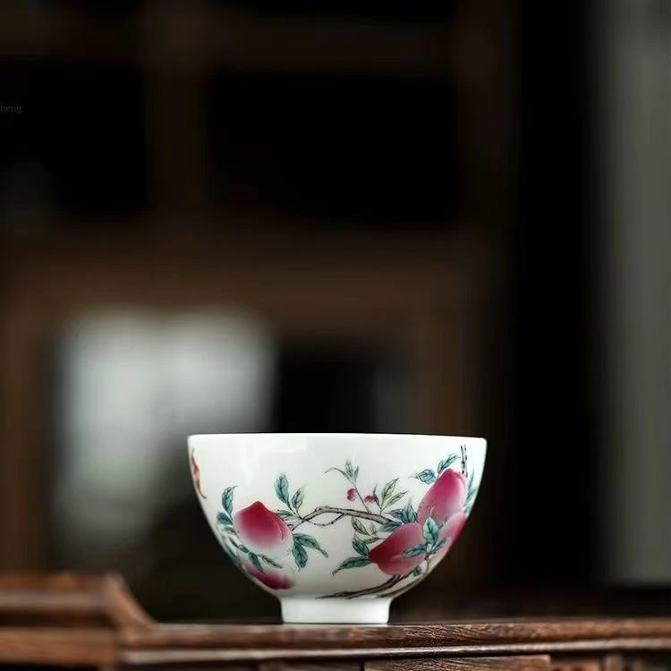 景德陶瓷九桃五福鸡心杯