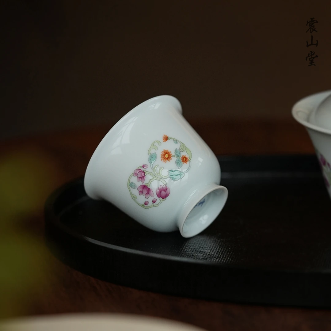 震山堂甜白茶杯主人杯景德镇单个品茗杯功夫家用手绘粉彩团花单杯