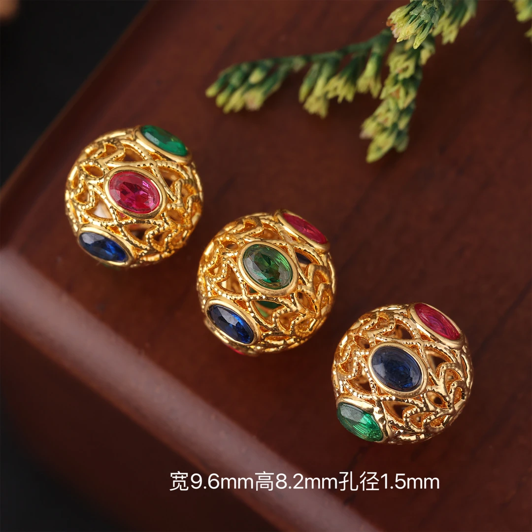 【来福工厂】18k金豪镶红蓝绿花丝灯笼隔珠顶珠配饰配件