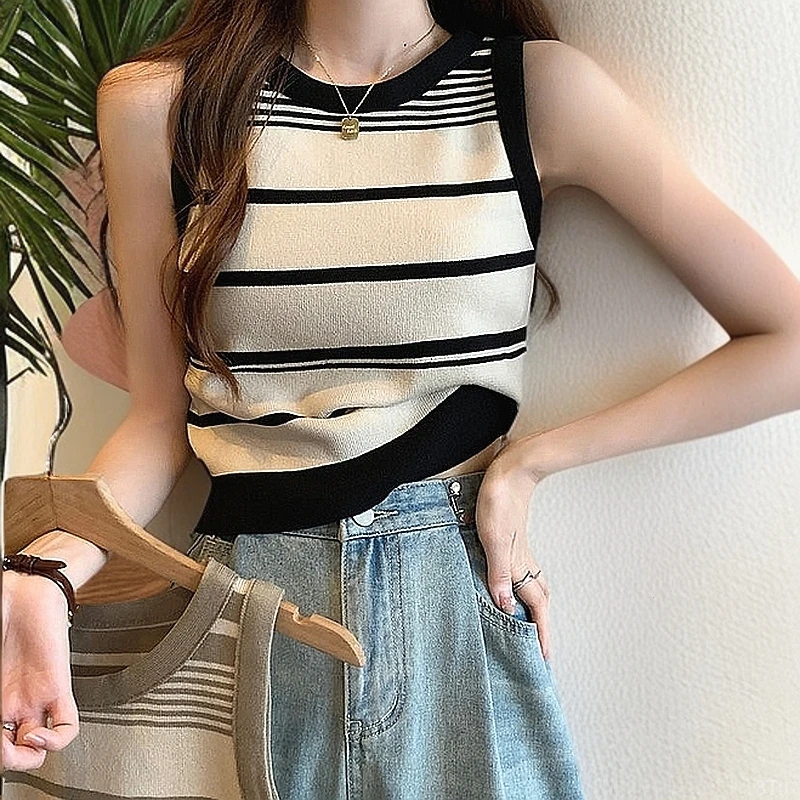2025无袖上衣运动背心条纹吊带女夏季显瘦百搭外穿新款修身内搭
