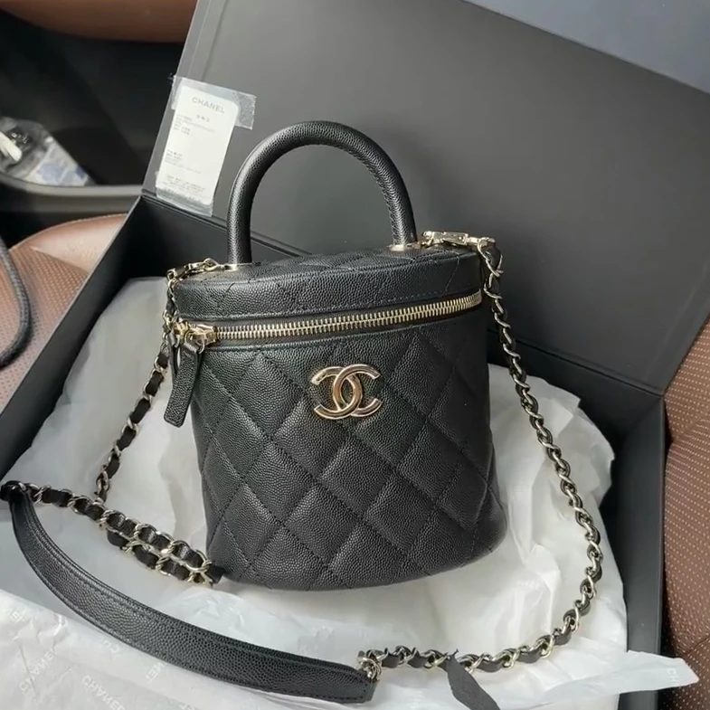 95新 Chanel/香奈儿 青奢荟/黑金22k化妆桶斜挎包/64441