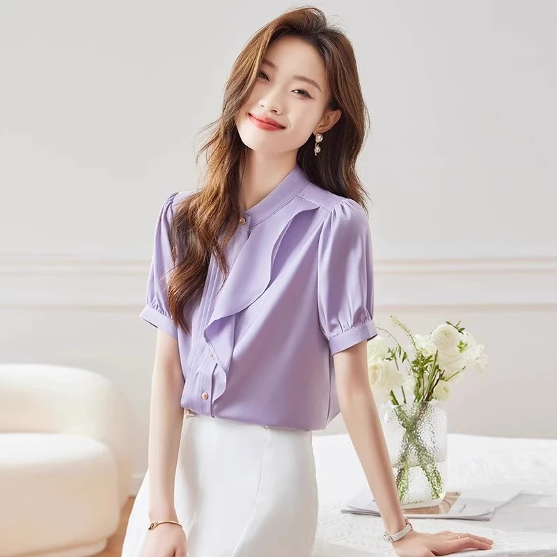 紫色衬衫女士高级感夏季设计感小众上衣薄款韩版气质雪纺短袖衬衣