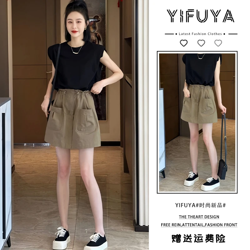 2025年韩版气质无袖坎肩T恤背心上衣抽绳收腰卡其短裙两件套夏季