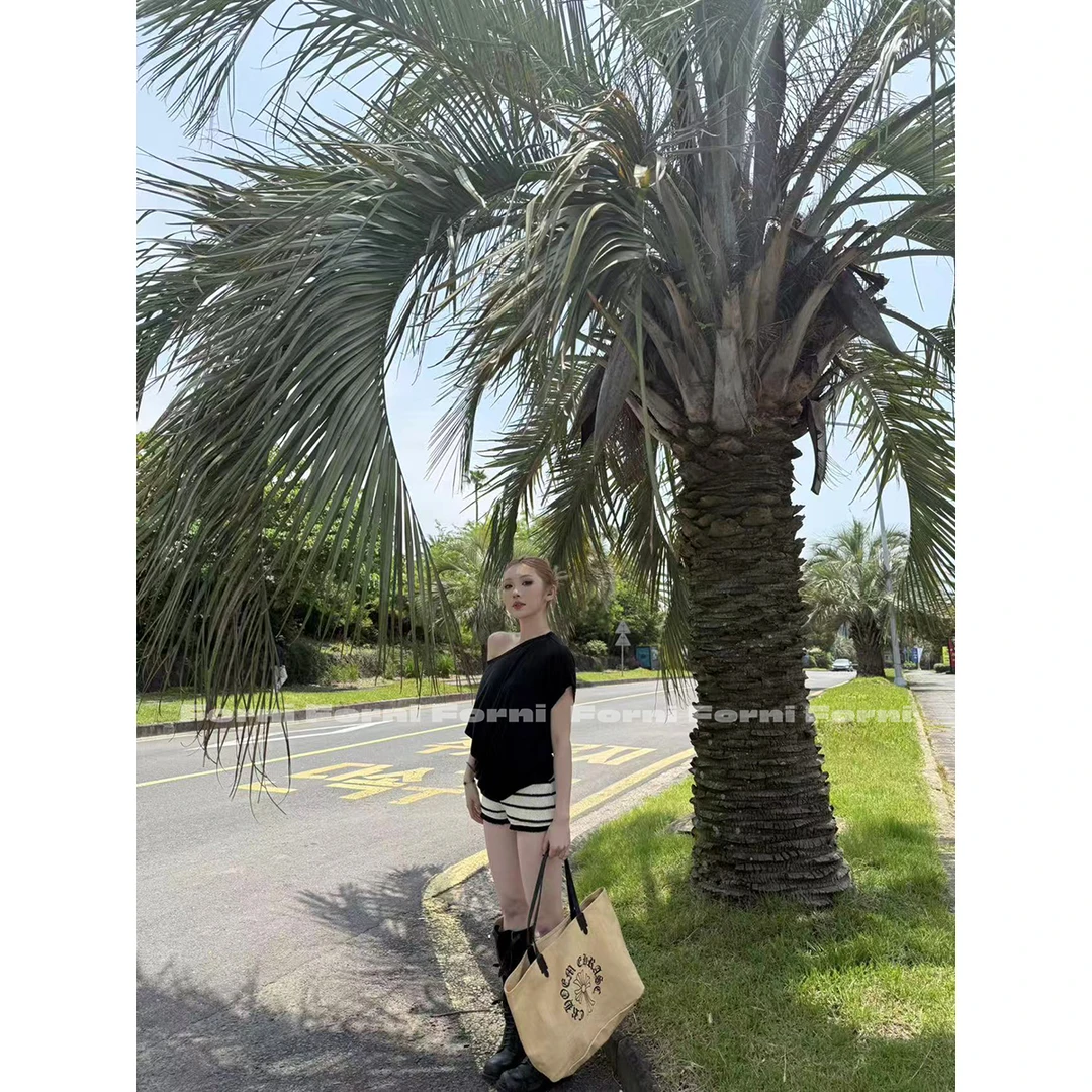 FORNI Boho chic女团 90棉美式辣妹女团感高腰条纹紧身针织热裤