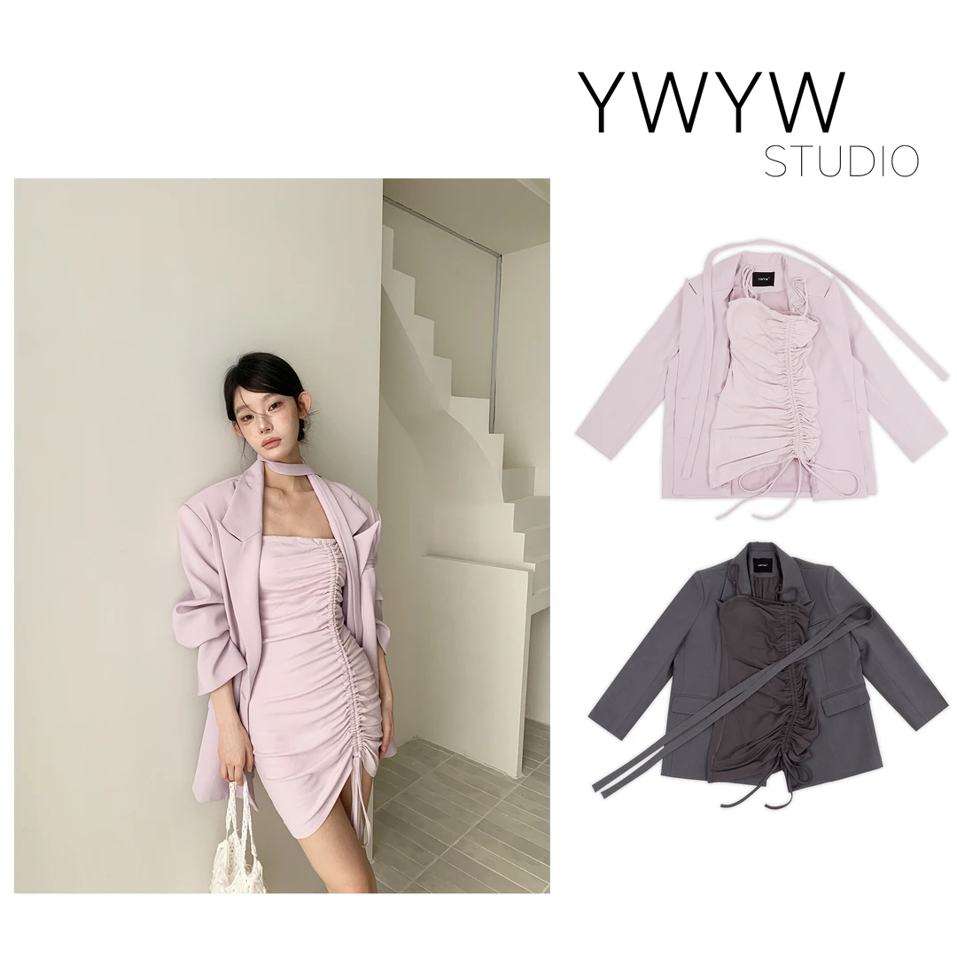 【YWYW25S/S】春季时尚西装外套+抽绳褶皱抹胸吊带裙套装3776