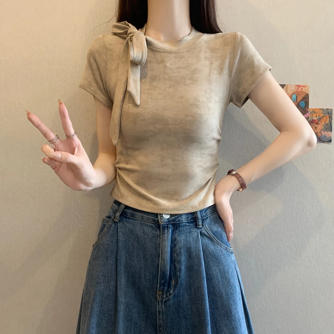 yoewshean/羽媗夏季微胖mm大码女装蝴蝶结扎染短袖t恤遮肚子显瘦