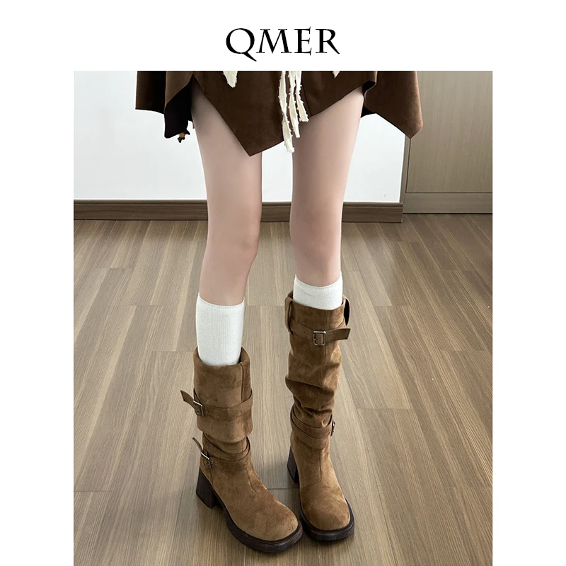 秋美儿多种穿法粗跟小个子堆堆靴女高跟高筒长靴时尚潮西部牛仔靴