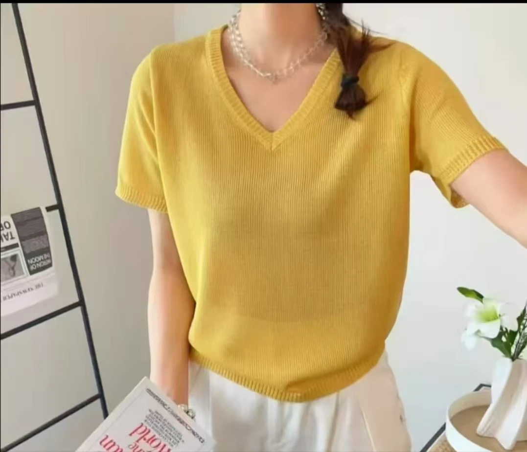 353【纯黄   鸡心领短袖】高级气质针织女衫