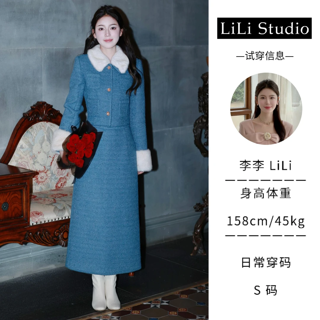 【东方美学】LiLi定制法式复古带毛领外套半身裙套装XMGS1593