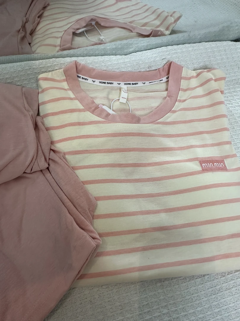 R549带胸垫夏季新款套头条纹min系短袖+短裤+长裤三件套家居服