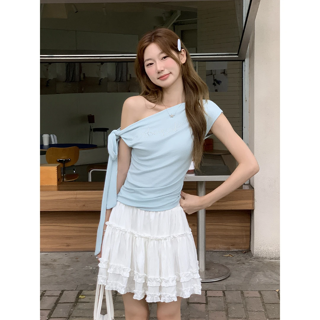 法式绑带设计感露肩一字肩荡领短袖T恤夏季显瘦修身无袖短款上衣