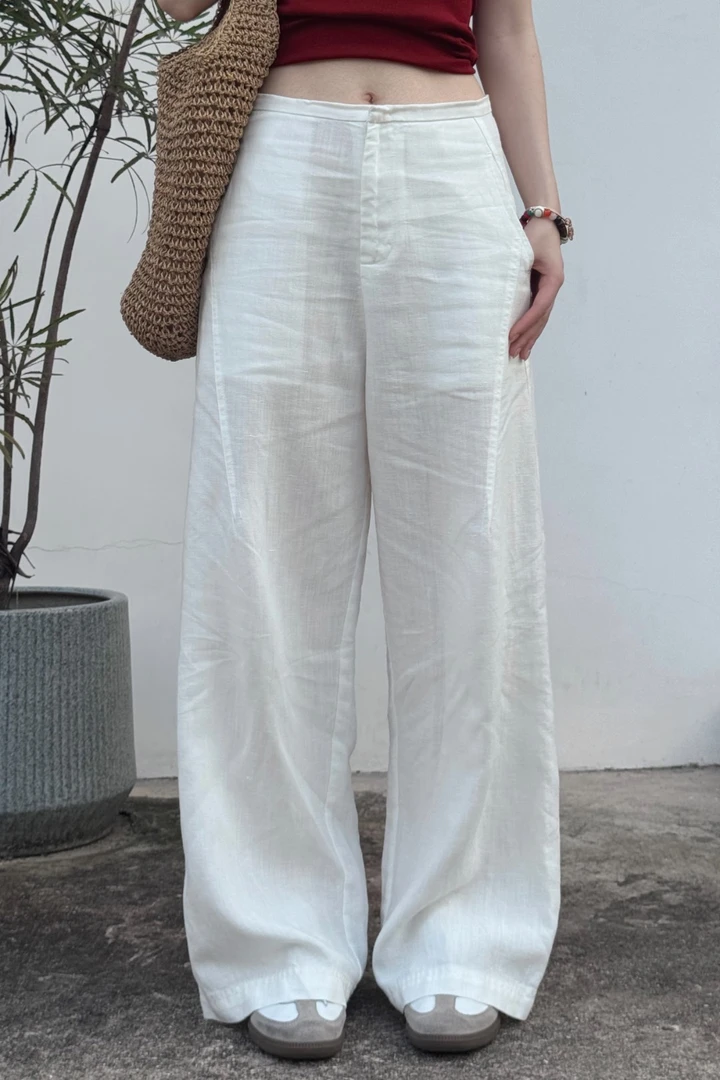 【酵洗100%纯亚麻】早秋款21支双雨露亚麻女裤老钱慵懒风弯刀阔腿裤