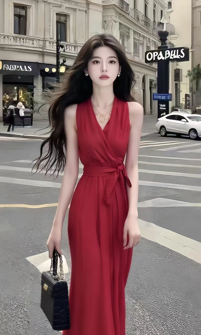 轻奢时尚高级晚礼服红色V领无袖修身收腰系带长裙设计感连衣裙女