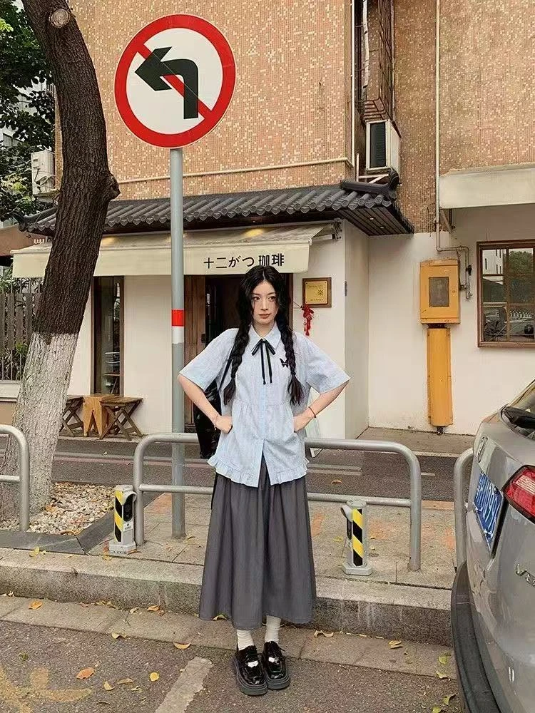 【长短款】日系花边下摆蝴蝶结软妹衬衫女短袖学院风宽松休闲两件套