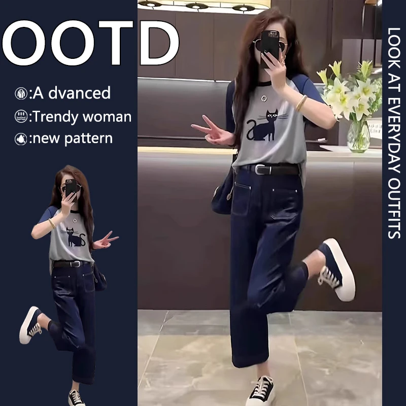 今年流行爆款独特漂亮小个子穿搭一整套高级感印花短袖上衣两件套