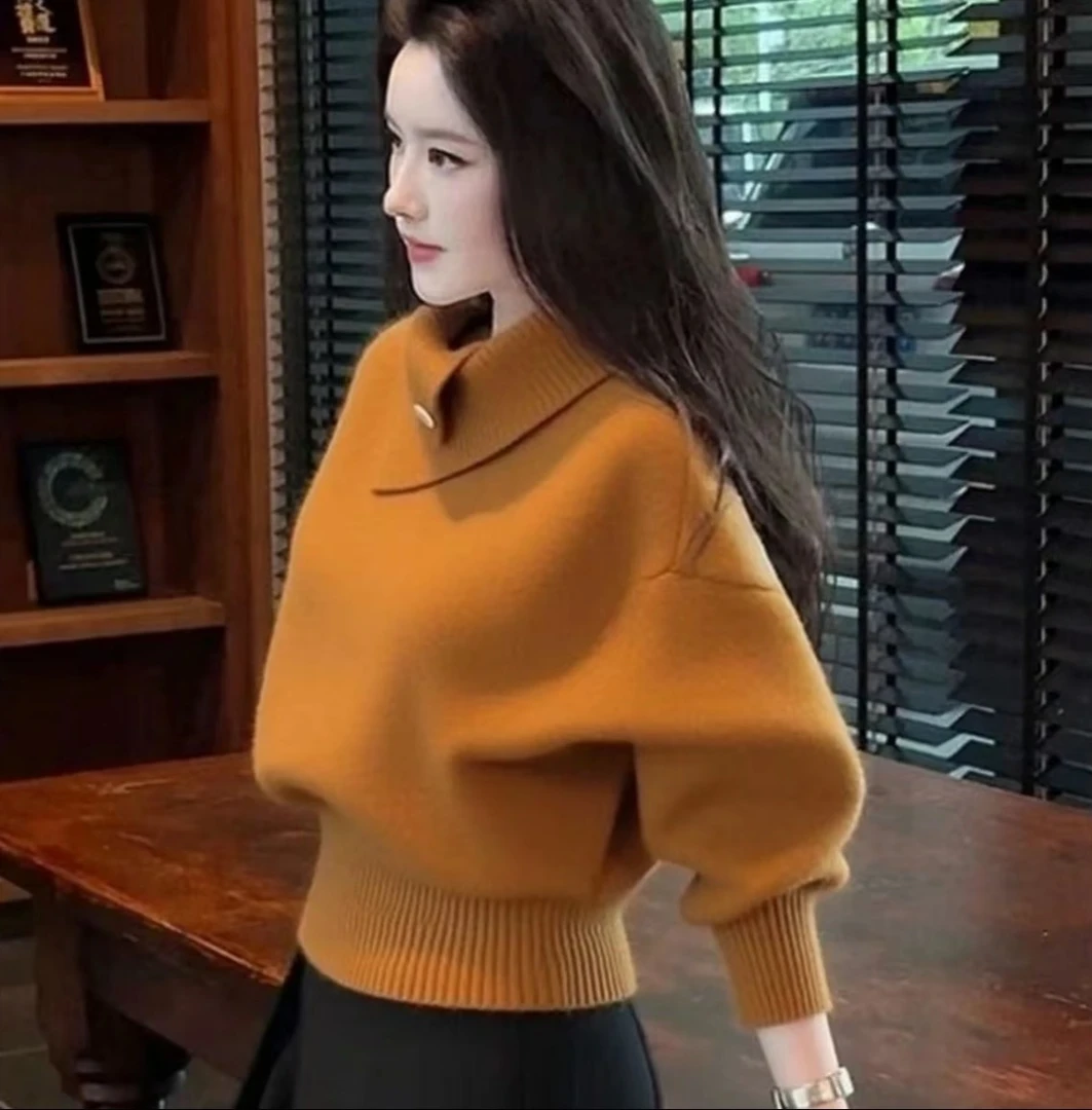 秋冬韩系淡人高知老钱风轻熟设计感软糯慵懒橘色高领打底针织衫女