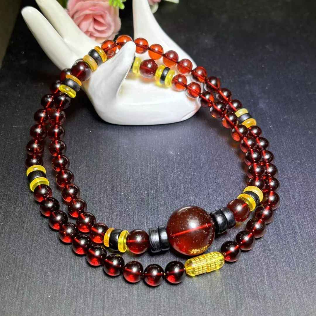 面面来财珠宝q-M2701-琥珀红天血灵珀+金珀项链