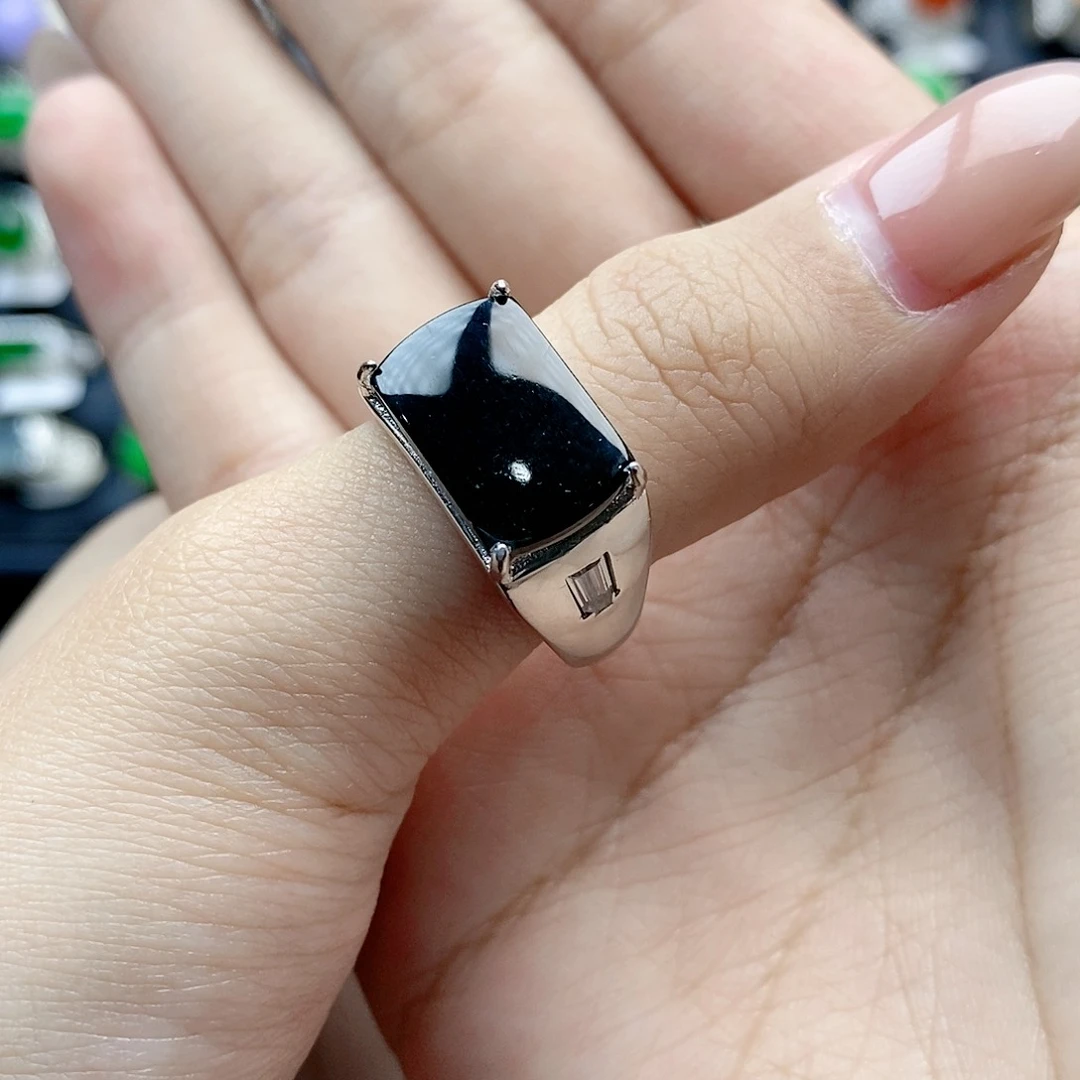 翡翠戒指银S925镶嵌闲***总开口男戒