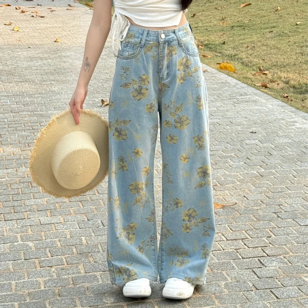夏季复古洋气扎染印花阔腿牛仔裤女2025新款高腰休闲直通拖地长裤