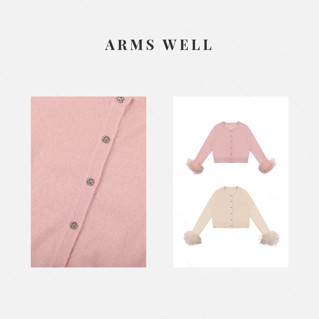 ARMS WELL王囡囡 粉/白色绵羊毛单排扣毛边袖口针织长袖上衣 S457