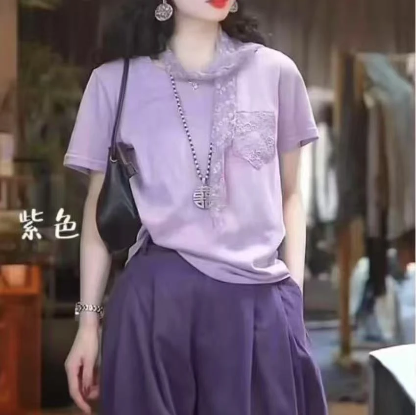 【原创正品】2025简约拼接镂空口袋蕾丝围巾显瘦气质圆领短袖T恤X53