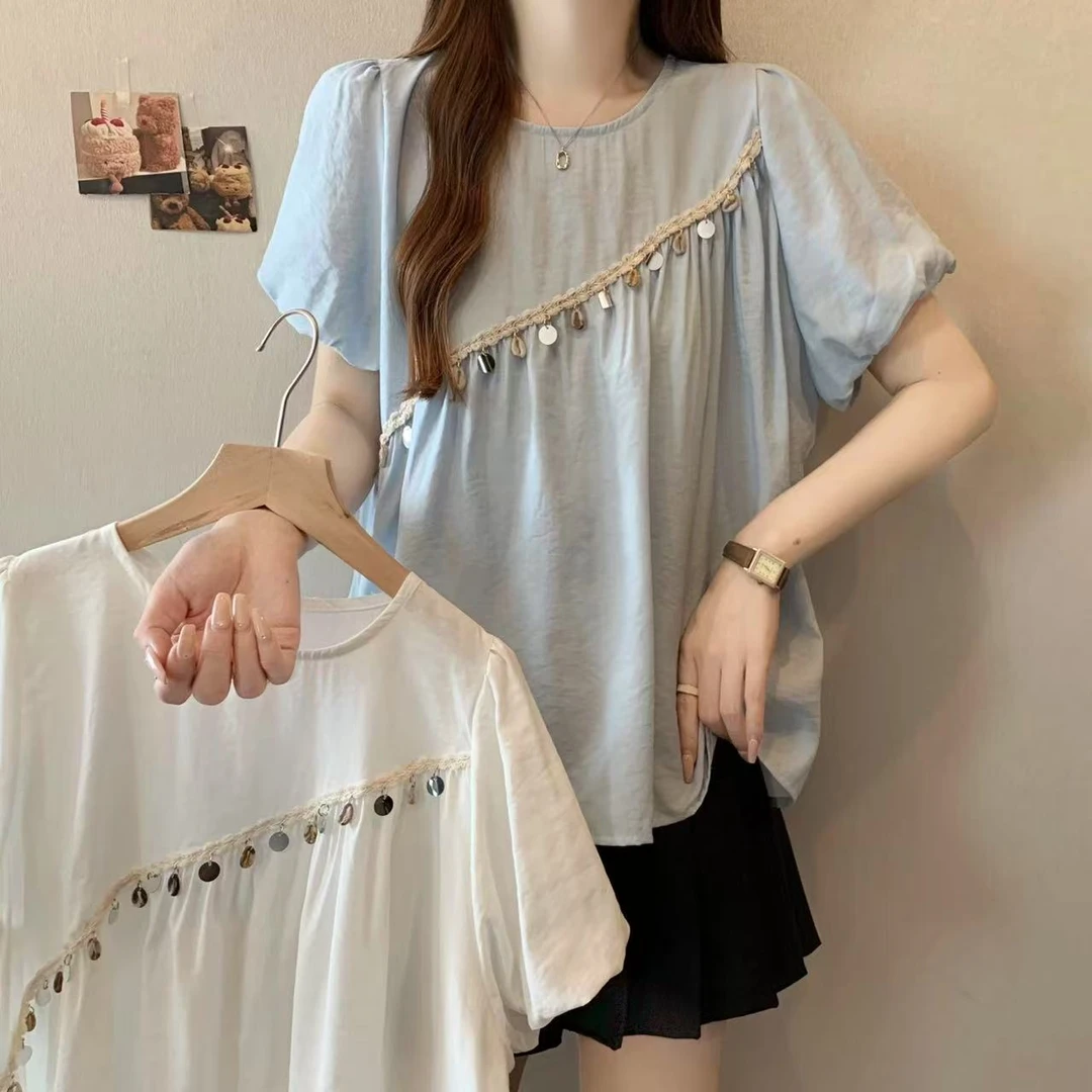 不规则亮片褶皱衬衫女夏2025大码新款洋气减龄显瘦上衣8855-2504