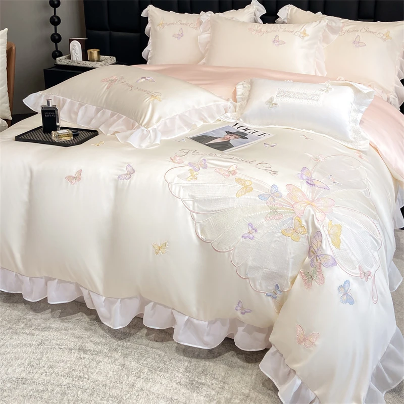 高端公主风冰丝四件套花边刺绣款丝滑凉感床上用品被套床单床笠款