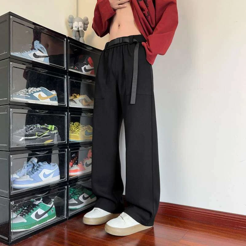 春季休闲裤男港风拼接带腰带纹理感休闲裤男大码阔腿裤