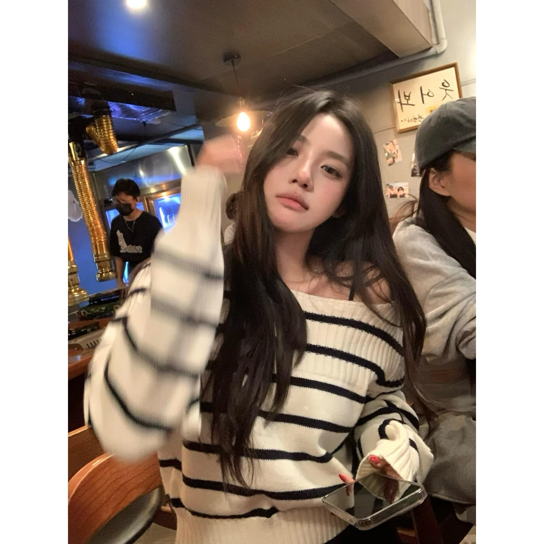 MARIE.COCO条纹毛针织衫套头款长袖简约通勤a字辣妹包臀裙两件套