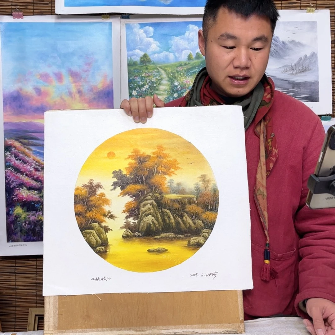 油画行路人小院绘画作品