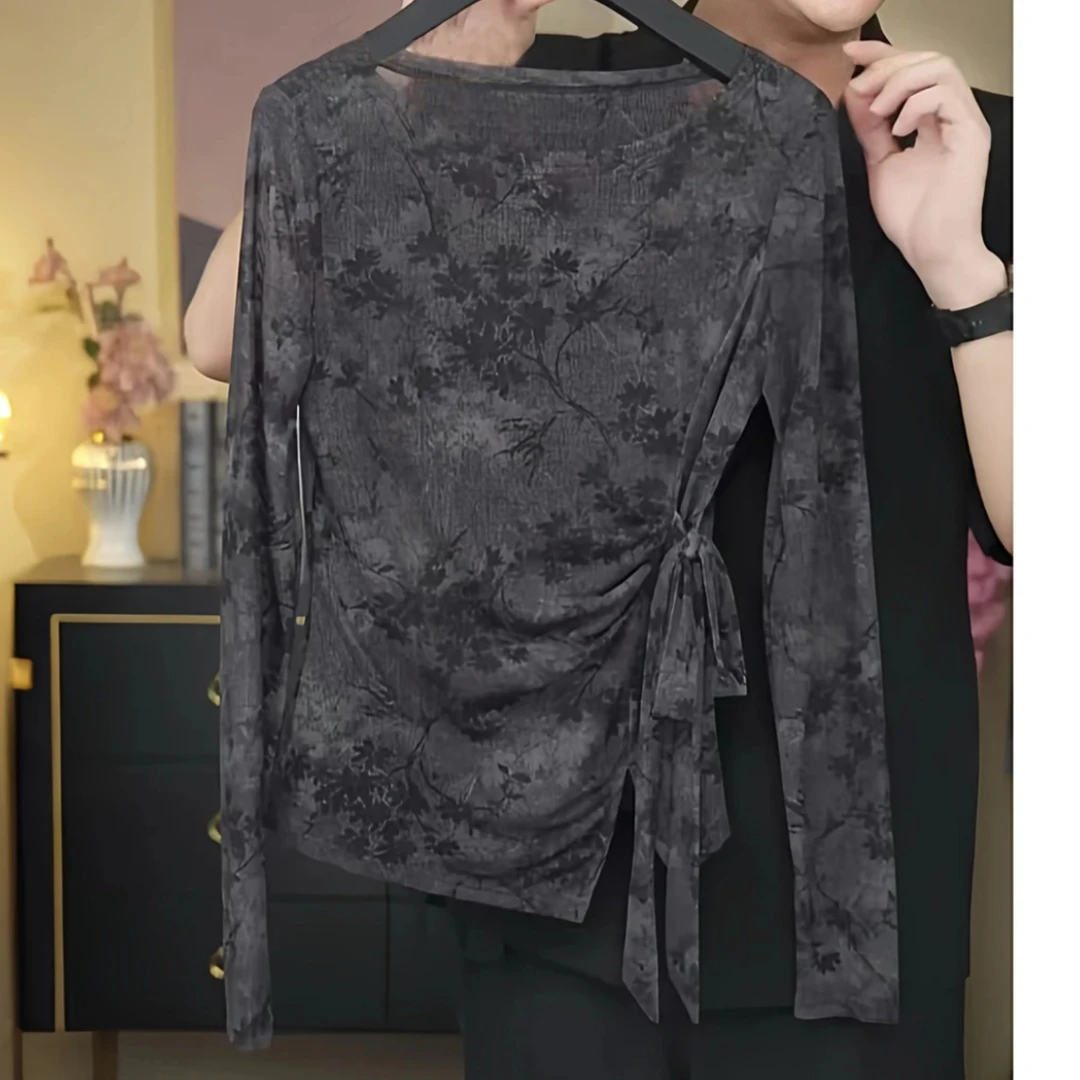 【烟枝束影】2025夏季高级感印花绑带蝴蝶结设计感显瘦长袖T恤女潮
