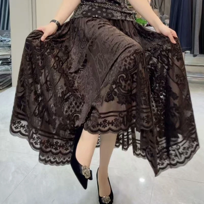 2593丝绒烧花半身裙立体装饰秋季中长裙高腰重工显瘦不起球中长款