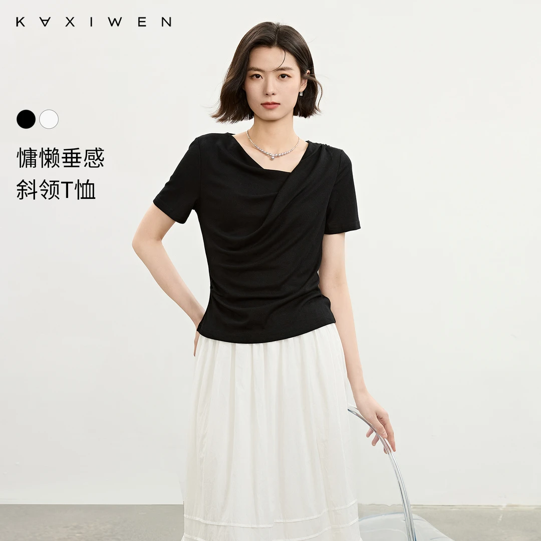 佧茜文慵懒垂感T恤【夏新】不规则斜领立体裁剪收腰上衣D04ATW6731