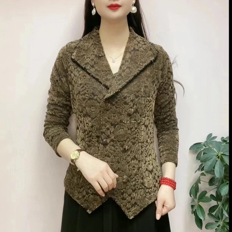 2025春季新品翻领蕾丝长袖气质百搭显瘦时尚开衫小衫碎花网红洋气