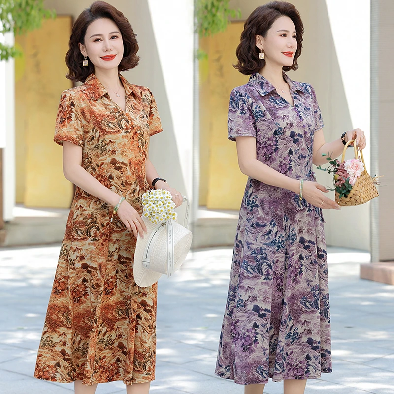 收腰中长款薄款中老年女装方领过膝显瘦夏装休闲风气质连衣裙女装