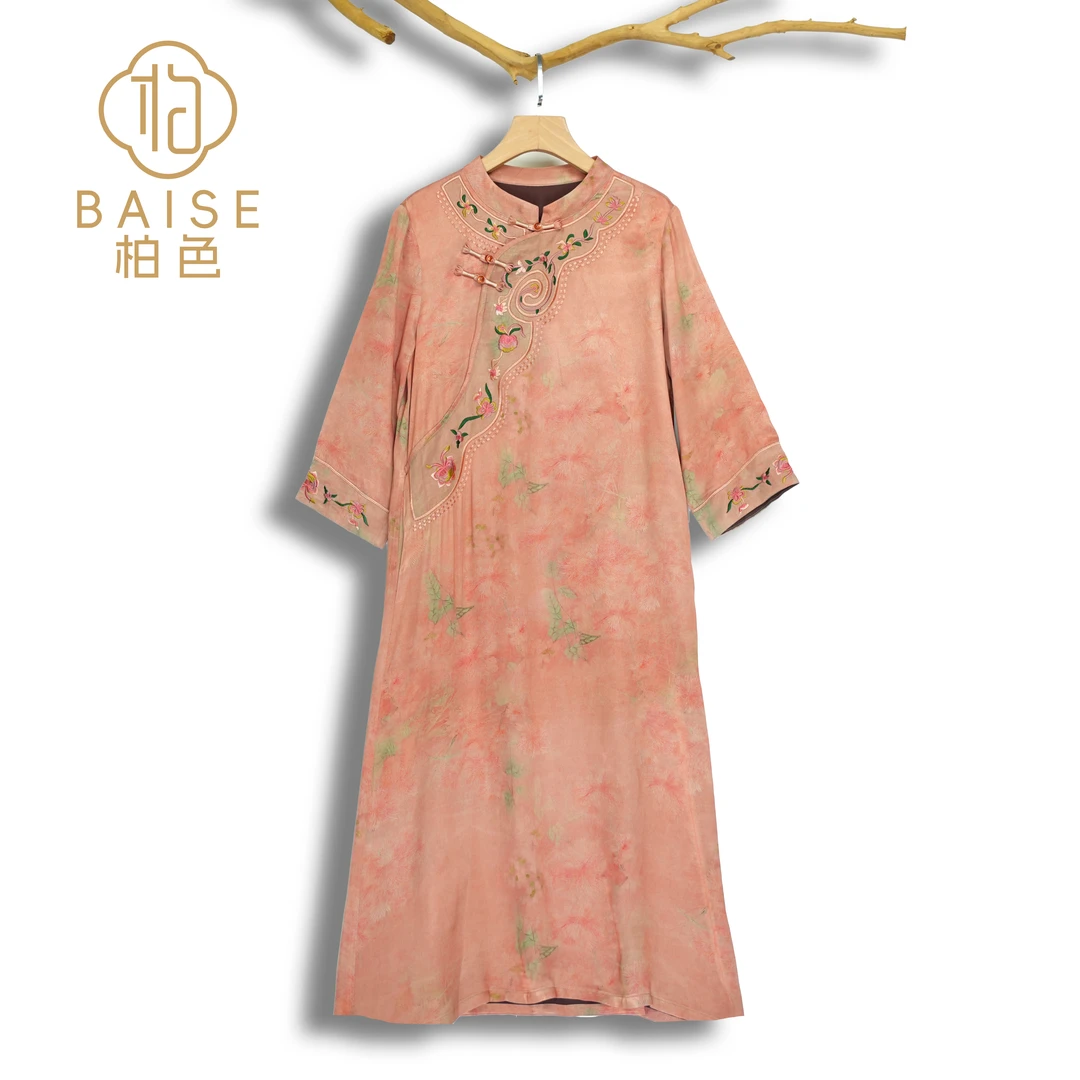 【金玉棠华】中式复古斜襟盘扣绣花拼接袖气质女装宽松连衣裙1500