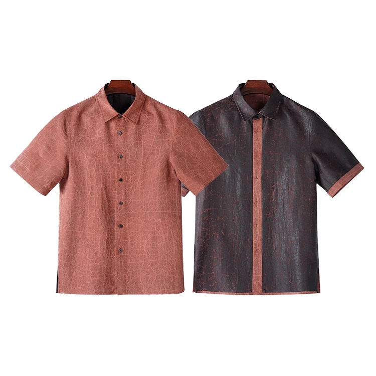 99375 男士短袖衬衫 桑蚕丝龟裂纹香云纱男装新中式复古休闲衬衣