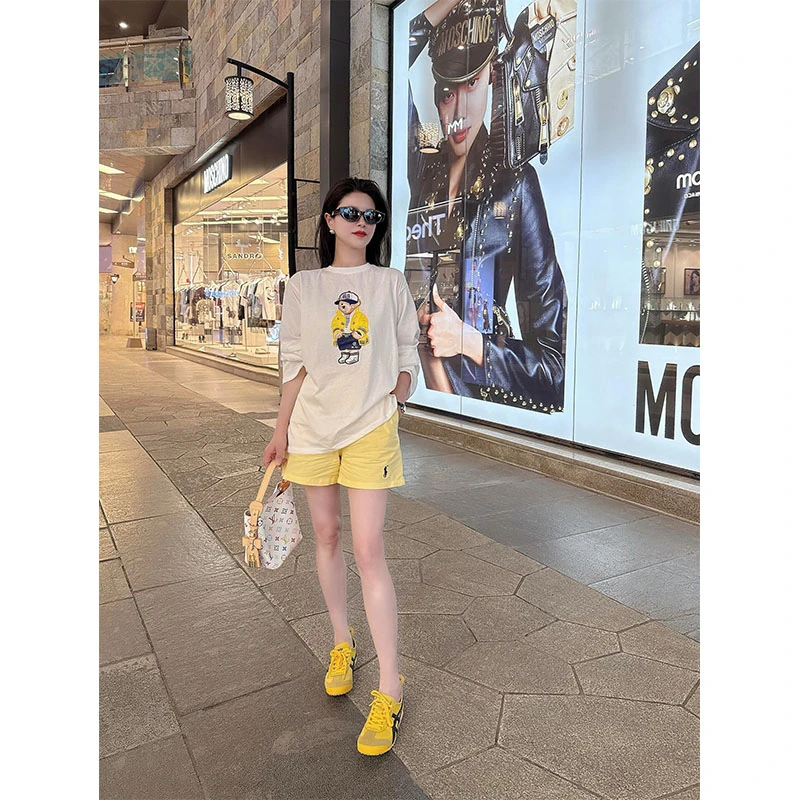 韩系设计感小众印花圆领长袖t恤女2025夏季新款宽松休闲百搭短裤