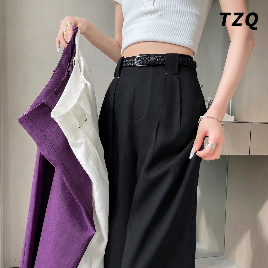 黑色百搭天丝亚麻西装阔腿裤女夏季2025防晒薄款山本裤TZQ2561145