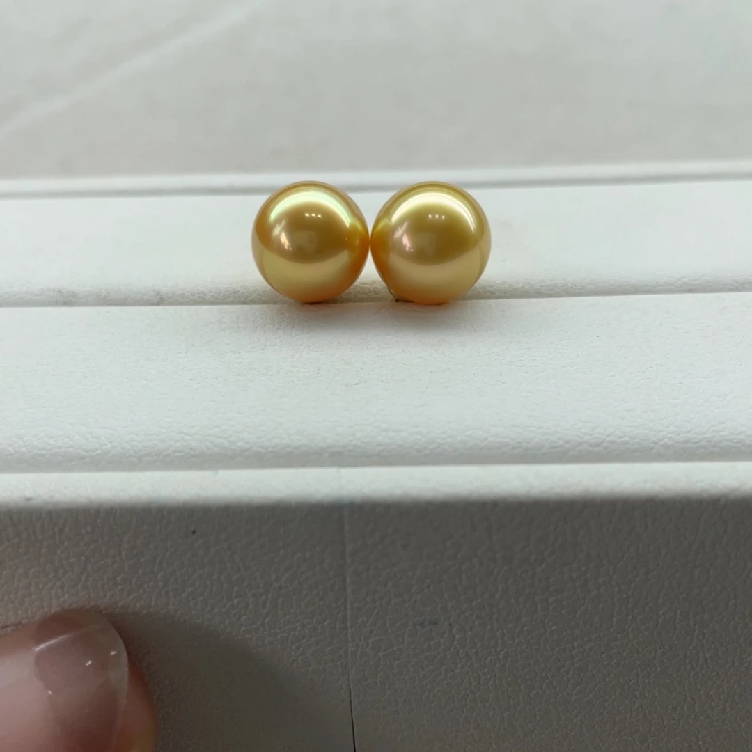 18K金镶嵌耳饰海水珍珠南洋金珠9-10m m