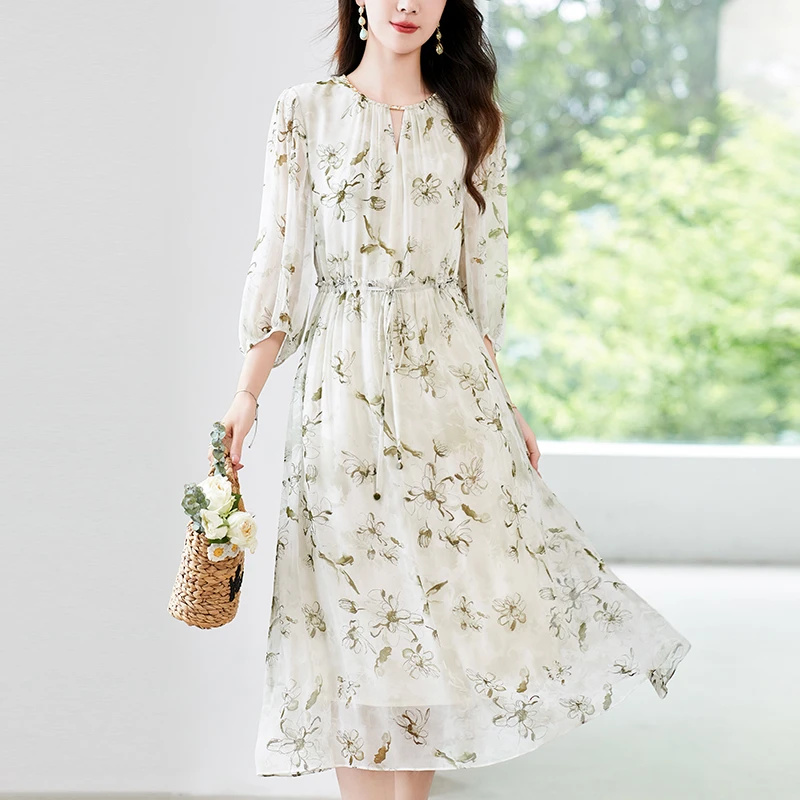 100%桑蚕丝真丝气质优雅轻奢印花女装连衣裙82497558