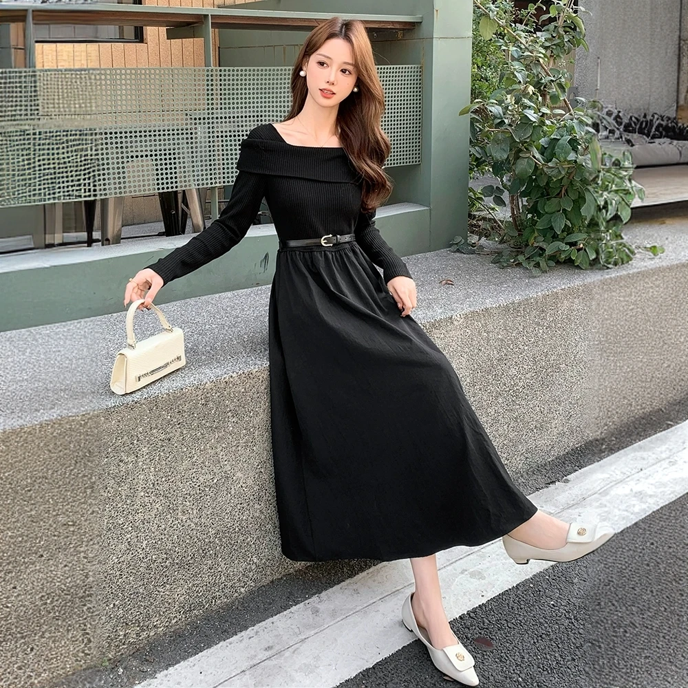 时尚连衣裙女2025春秋新款高级感气质收腰显瘦中长款一字肩针织裙