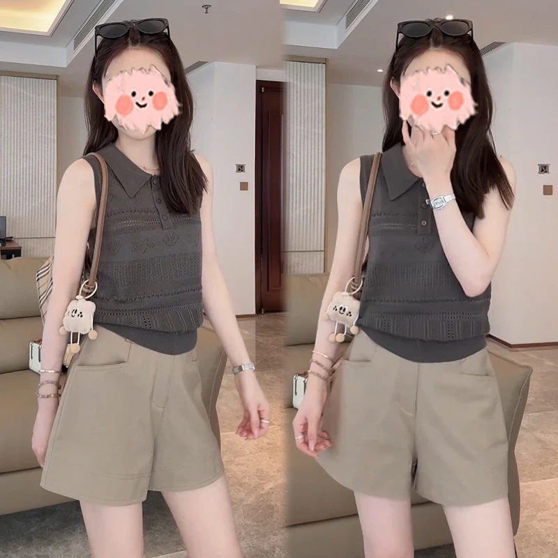 韩系通勤百搭钩花镂空无袖针织背心上衣显瘦休闲阔腿短裤两件套装