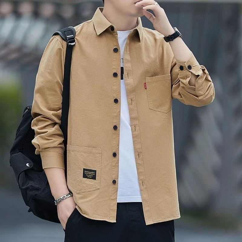 男士外套2025春秋新款商务休闲男装上衣服高级感翻领衬衫纯色百搭