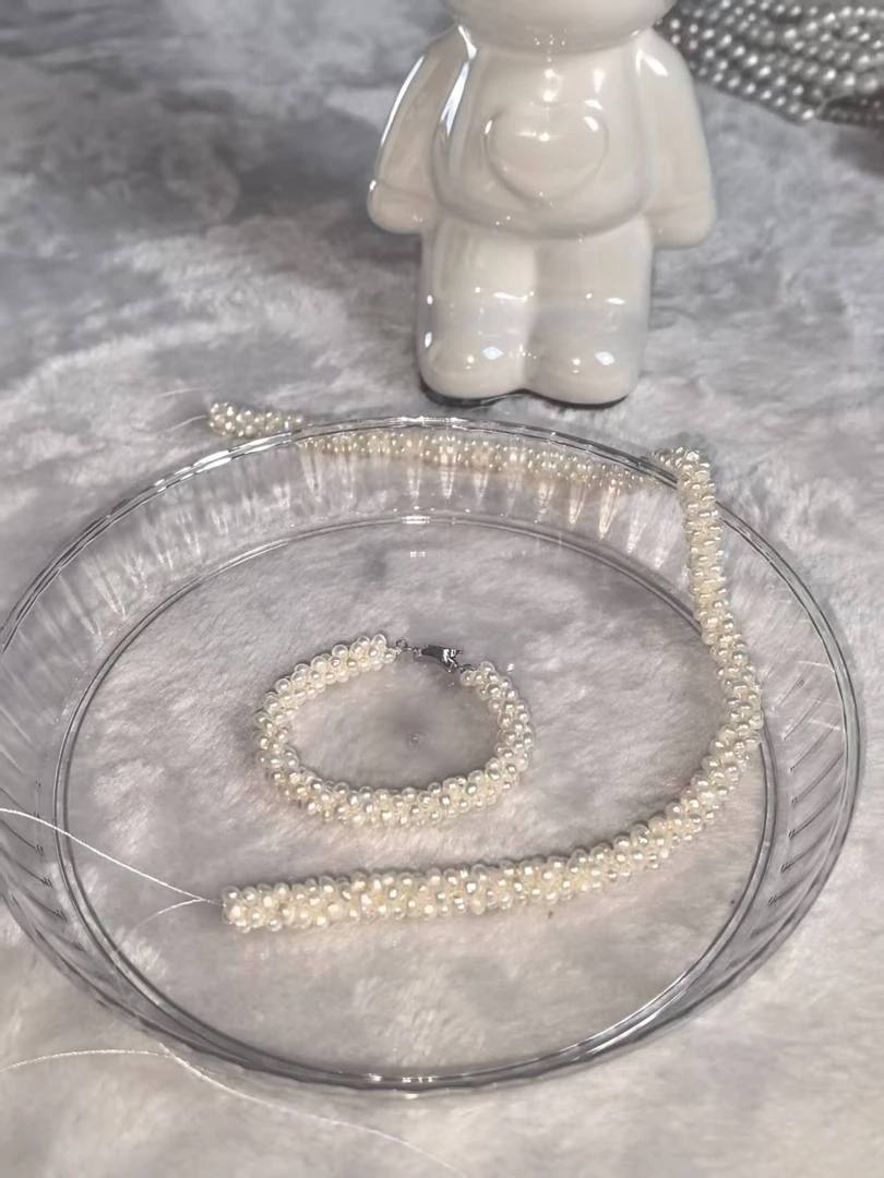复古天然淡水无核珍珠重工编织毛毛虫.毛毛虫珍珠项链及手链一起