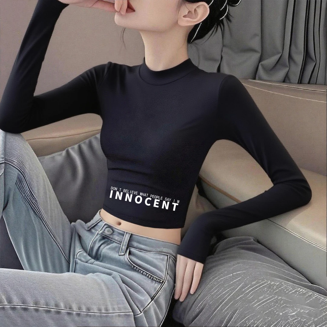 半高领上衣女早秋洋气纯棉心机印花打底衫内搭修身长袖短款t恤潮