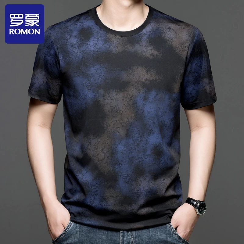 Romon/罗蒙夏季冰丝短袖t恤男士高档印花时尚潮流宽松圆领男装T恤